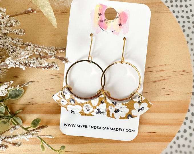 Mustard Floral Leather Hoop Earrings