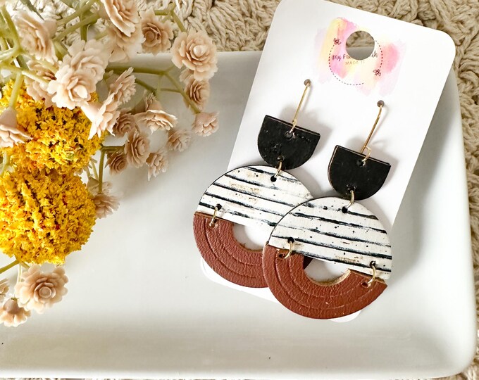 Black & White Striped Leather Split Hoop Earrings