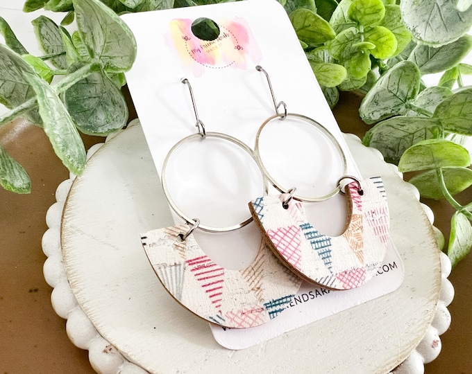 Cork Hoop Earrings with Colorful Geometric Print