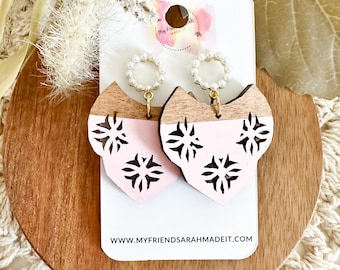 Pink Lattice Wooden Earrings with Pearl Stud