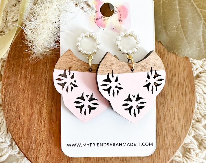 Pink Lattice Wooden Earrings with Pearl Stud