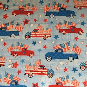 Patriotic Picnic Truck - Cotton Fabric on Blue from Henry Glass - by the 1/2 yd