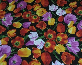 Timeless Treasures Fabrics - Gartenstrauß Bunte Tulpen auf schwarz - 100% Baumwolle - 1/2 yd