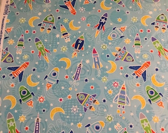 Benartex  - Lift Off - Out of Orbit  100% Cotton Fabric on Turquoise Background - by the 1/2 yd