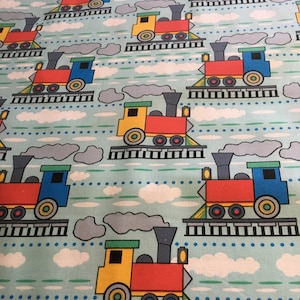 Santee Fabrics presents - Kids Choice - Trains on Blue Background - Cotton Fabric 1/2 yd