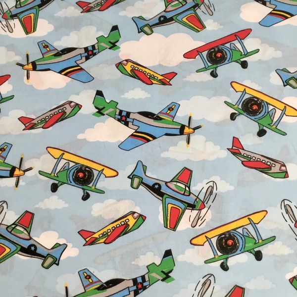 Kids Choice - Single Engine Airplanes on blue - Cotton Fabric - 1/2 yd