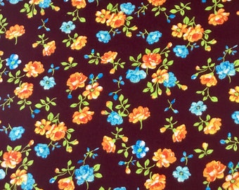Blue and Orange flowers on Chocolate Background - Cotton Fabric - 1/2 yd