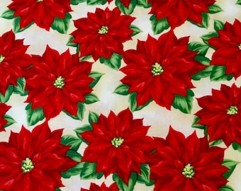 HOLIDAY LANE Poinsettia's on Tan - Cotton Fabric by Wilmington Prints - 1/2 yd