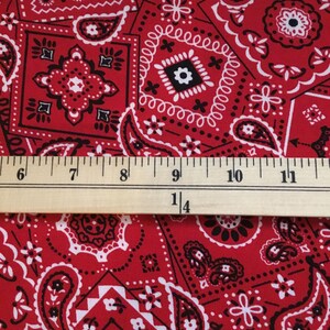 May include: Red and white bandana print fabric with a ruler measuring 28.5 cm.