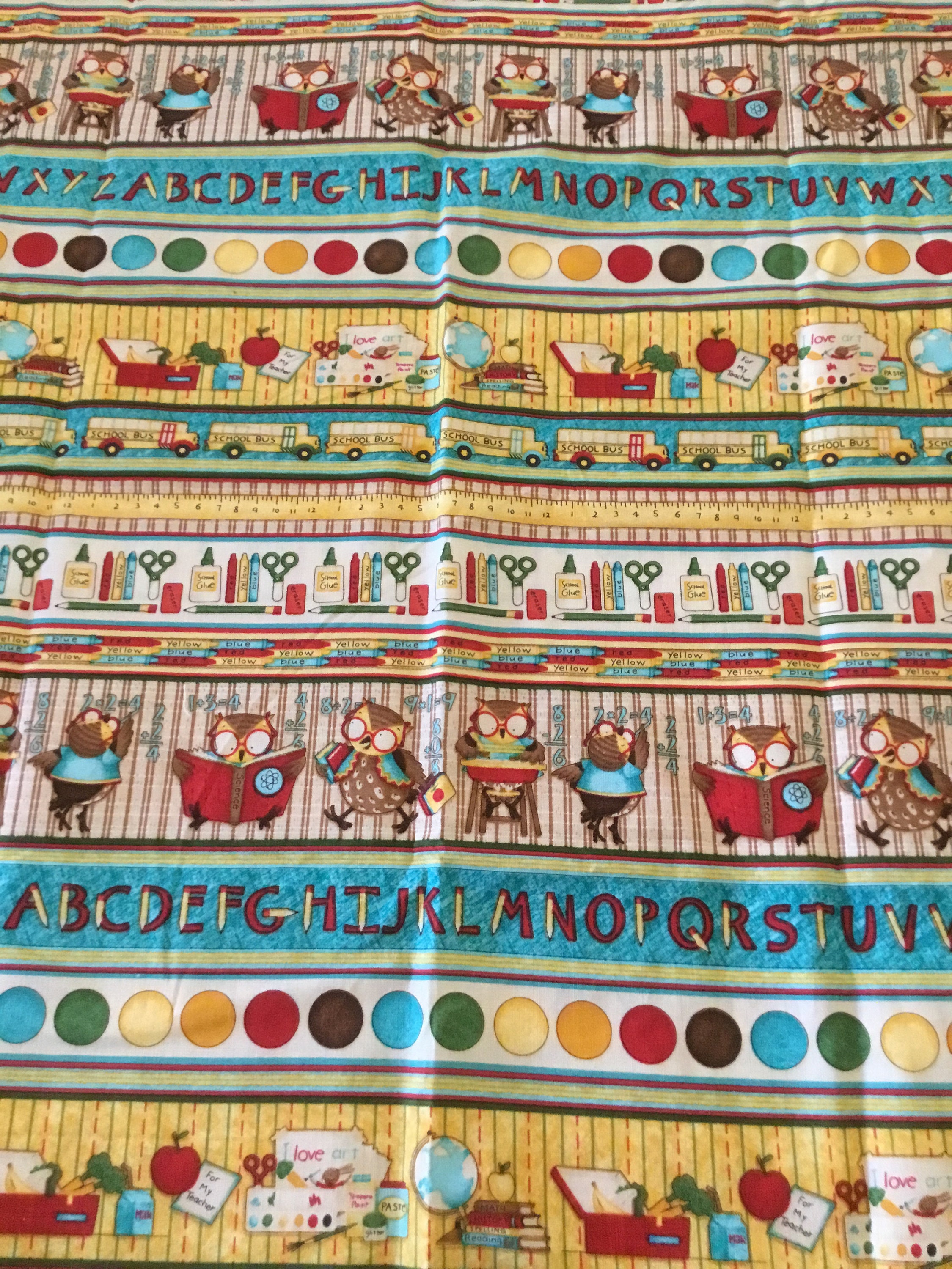 Owls Children's 33 x 44 Alphabet Cotton Fabric 7/8 yd Busses