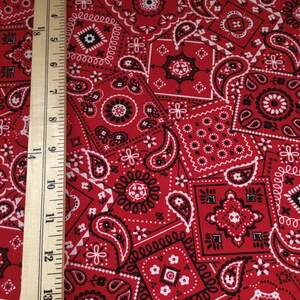 May include: Red fabric with a paisley pattern. The fabric is covered in a repeating pattern of red, white, and black paisley shapes.