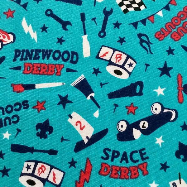 Riley Blake - 2017 Cub Scouts - Derby Races on Aqua - Cotton Fabric 1/2 yd