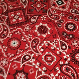 May include: Red bandana fabric with a paisley pattern in white and black. The fabric is a repeating pattern of paisley shapes, diamonds, and small floral designs.