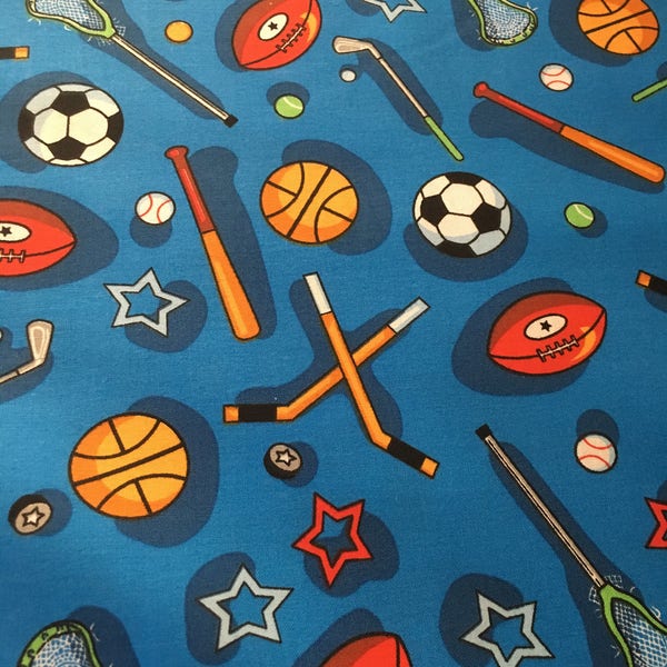 Santee Prints presents Kids Choice Sports Equipment cotton fabric on blue background 1/2 yd