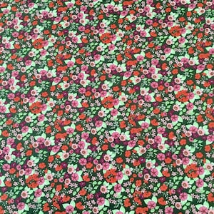 Garden Delights - Impatiens - Floral Cotton Fabric on Dark Olive Background 1/2 yd
