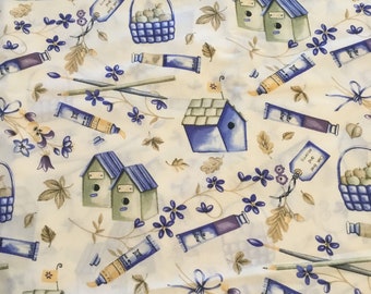 100% Cotton Fabric featuring Bird houses, baskets, crafting materials all on a pale yellow background