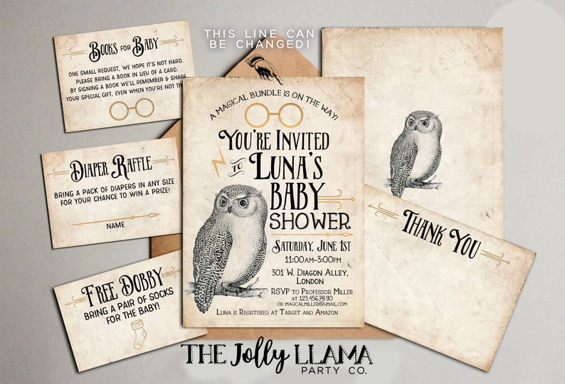 Harry Potter baby shower invitation, diaper raffle, books for baby, thank you card
