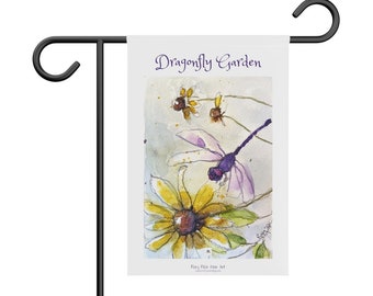 Purple Dragonfly Garden Original Loose Floral Watercolor Purple Dragonfly on a Coneflower painting printed on a Garden Banner