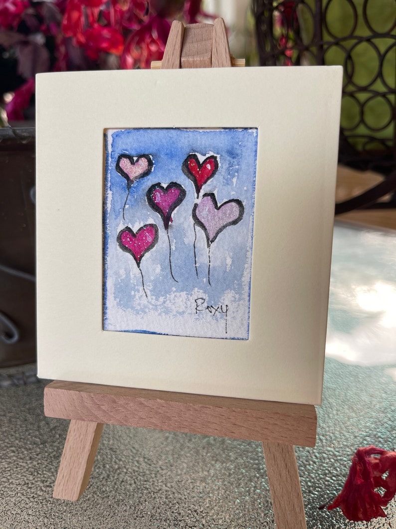 Original Miniature Watercolor Whimsical Bears Hearts Landscape Valentine paintings