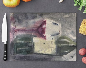 Wine Lover Loose Watercolor Wine and Bottle Painting  printed on Glass Cutting Board