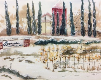 Leoness Winery and Vineyard Original Watercolor Snow in Temecula Landscape Painting 14 x 10 Framed