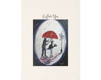 I love you Organic Vegan Cotton Tea Towel  with Original Paris  painting of Romantic Couple in Paris print