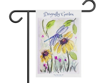 Blue Dragonfly Garden Original Loose Floral Watercolor Dragonfly on a Coneflower painting printed on a Garden Banner