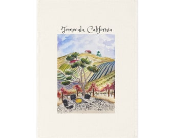 Organic Vegan Cotton Tea Towel  Original Temecula California Wine Country Landscape   painting printed on it.