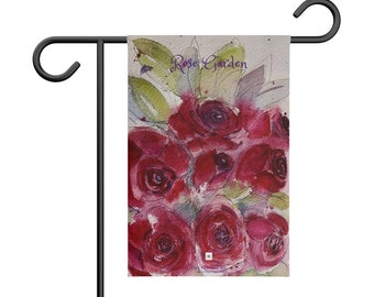 Rose Garden Original Loose Floral Watercolor Red Roses printed on a Garden Banner