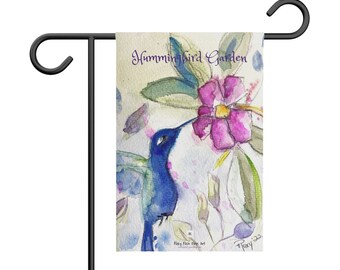 Hummingbird Garden Original Loose Floral Watercolor Hummingbird printed on a Garden Banner