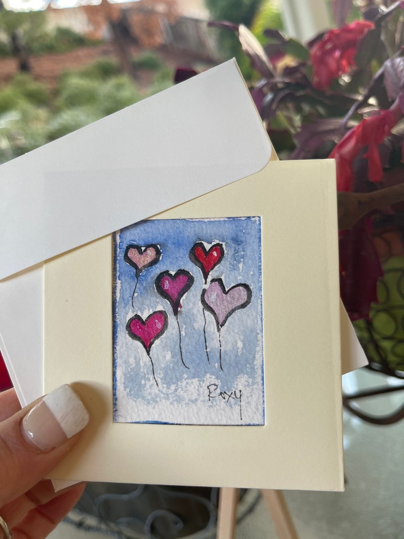 Original Miniature Watercolor Whimsical Bears Hearts Landscape Valentine paintings