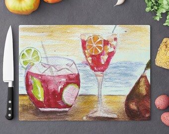 Summer Cocktails Loose Watercolor Beach Cocktails Aperol Spritz  Painting  printed on Glass Cutting Board
