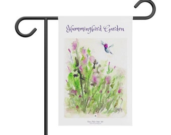 Hummingbird Garden Original Loose Floral Watercolor Hummingbird in the Salvia painting printed on a Garden Banner