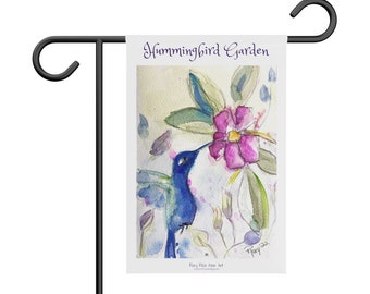 Hummingbird Garden Original Loose Floral Watercolor Hummingbird painting Option 2 printed on a Garden Banner