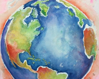 Original Watercolor  Earth World Painting 12 x 9 Framed