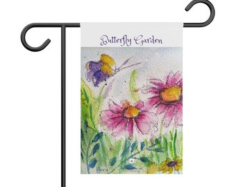 Butterfly Garden Original Loose Floral Watercolor Butterfly in the Garden painting printed on a Garden Banner