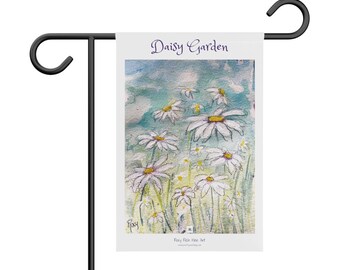 Whimsical Daisy Garden Original Loose Floral Watercolor Daisies painting printed on a Garden Banner