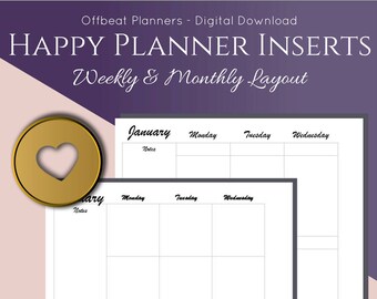 NEW - Happy Planner Inserts. Week, Month and Notes. Three Box Layout. Printable. Two Page Week Layout. 7" x 9.25".