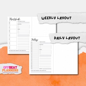 May include: Open planner with a weekly and daily layout. The left page is for the week, with sections for each day and focus areas. The right page is for the day, with hourly slots and space for notes. Text includes "This Week", "Today", and "Offbeat Planners".