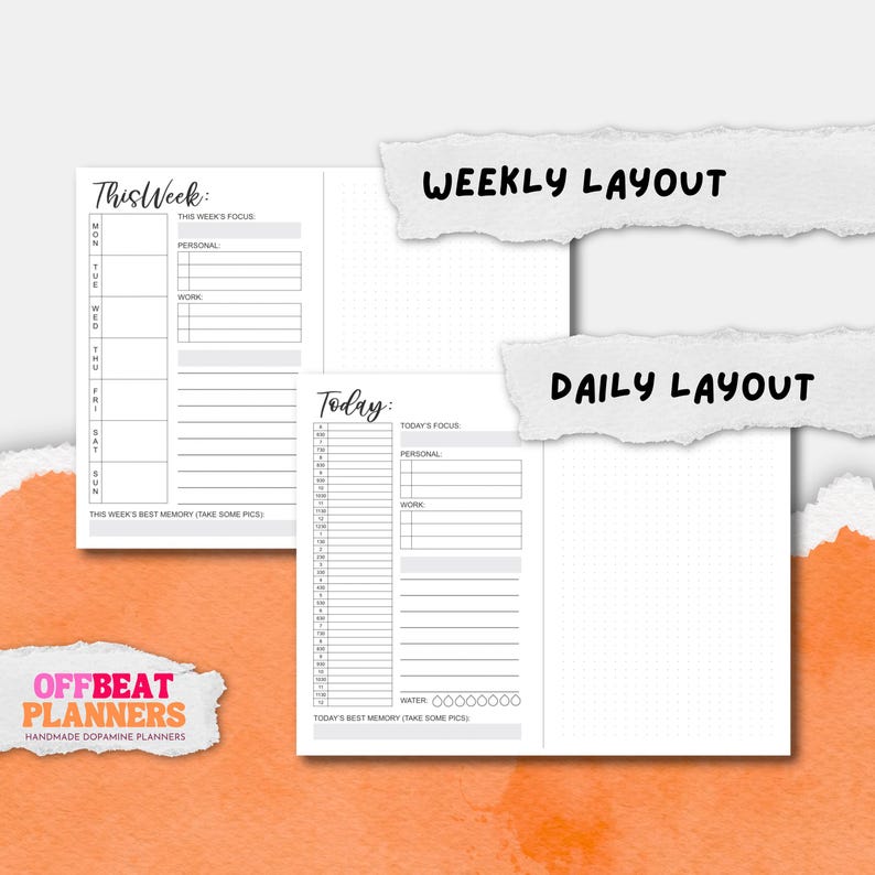 May include: Open planner with a weekly and daily layout. The left page is for the week, with sections for each day and focus areas. The right page is for the day, with hourly slots and space for notes. Text includes "This Week", "Today", and "Offbeat Planners".