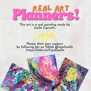 May include: Image features three colorful art planners with spiral binding. The text "REAL ART Planners!" is displayed in pink and orange. Additional text includes the artist's name and social media information.
