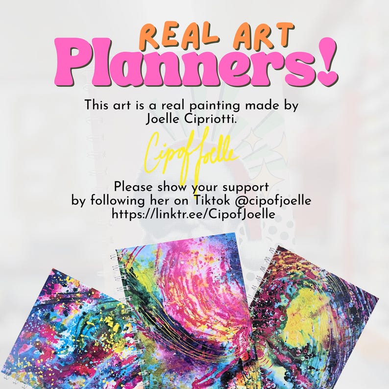 May include: Image features three colorful art planners with spiral binding. The text "REAL ART Planners!" is displayed in pink and orange. Additional text includes the artist's name and social media information.