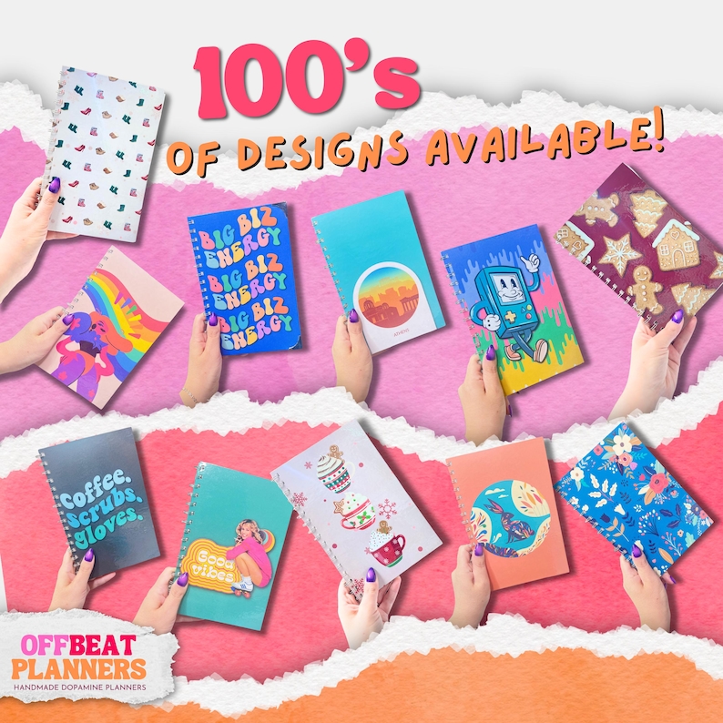 May include: A collection of colorful notebooks with various designs, including a rainbow, a cityscape, and a retro video game character. The text "100's OF DESIGNS AVAILABLE!" is displayed at the top. The notebooks are held by hands against a pink background.