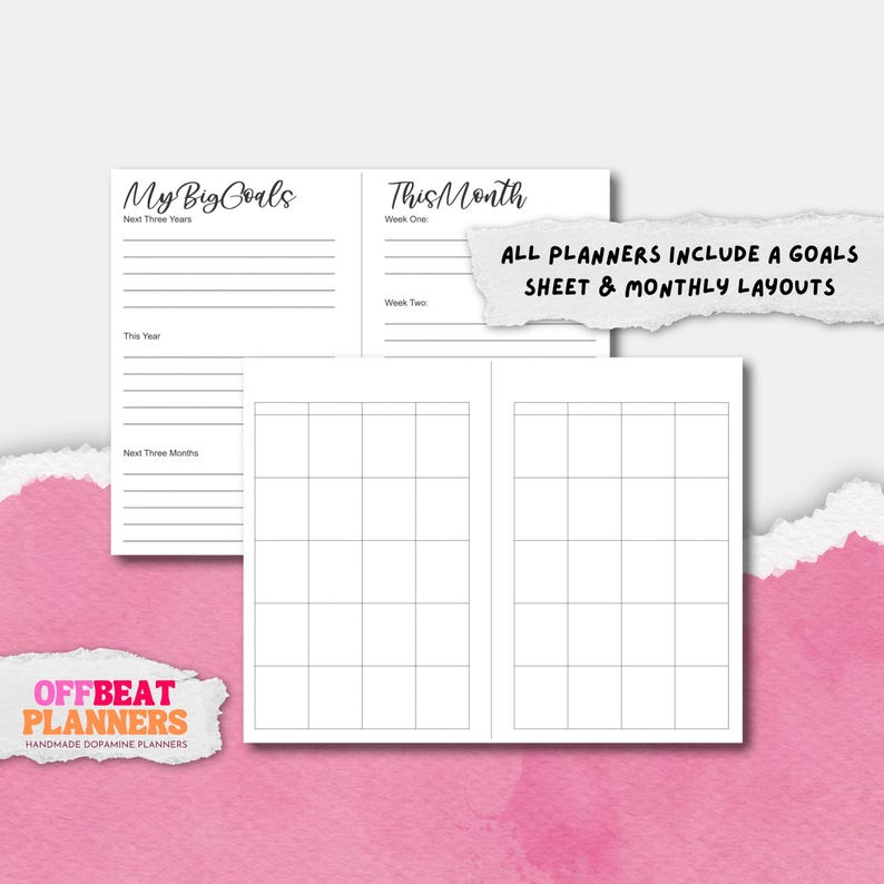 May include: White planner pages with the text "My Big Goals" and "This Month". The planner includes a goals sheet and monthly layouts. The Offbeat Planners logo is in the bottom left corner.