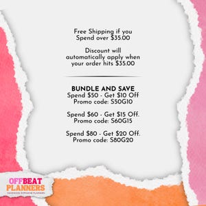 May include: A promotional graphic for Offbeat Planners, featuring text on a torn paper background. The text includes "Free Shipping" and "Bundle and Save" offers with promo codes. The color scheme is pink, white, and orange.
