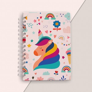 Spiral Notebook Journal,  Dot Grid and Lined Sketchbook, Cute Unicorn