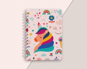 Spiral Notebook Journal,  Dot Grid and Lined Sketchbook, Cute Unicorn