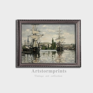 Historic Sailing Ships in Port, River Harbor Impressionist Painting, Digital Download and Printable Wall Art