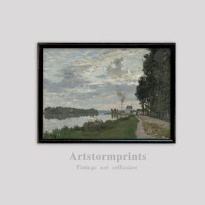Riverside path with distant chateau, impressionist landscape—printable digital download wall art for vintage home and rustic decor