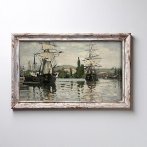 Historic Sailing Ships in Port, River Harbor Impressionist Painting, Digital Download and Printable Wall Art